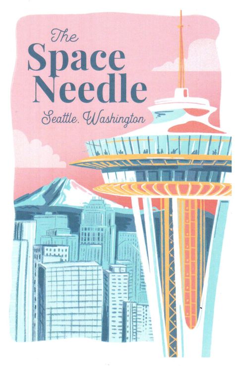 Seattle Washington Space Needle, Seattle Poster, Space Needle Seattle, Wood Postcard, Stationery Printing, Large Framed Prints, Scene Art, City Scene, Printing Press