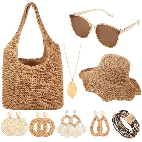 PRICES MAY VARY. Beach Jewelry Set: we ensure that our customers receive a complete set of Bohemian style pieces; This includes a rattan shoulder bag, a straw sun hat, retro sunglasses, a metal necklace, a leopard bracelet, and 4 pairs of boho earrings; Each piece carries its unique aesthetics while reaffirming the boho theme Embody the Boho Style: our boho jewelry set is designed with a Bohemian style that is both chic and unconventional; From the design of the straw handbag to the leaf pendant Leopard Bracelet, Floppy Hat Summer, Rattan Earrings, Vacation Accessories, Retro Hats, Boho Sun, Summer Tote Bags, Dangle Necklace, Summer Retro