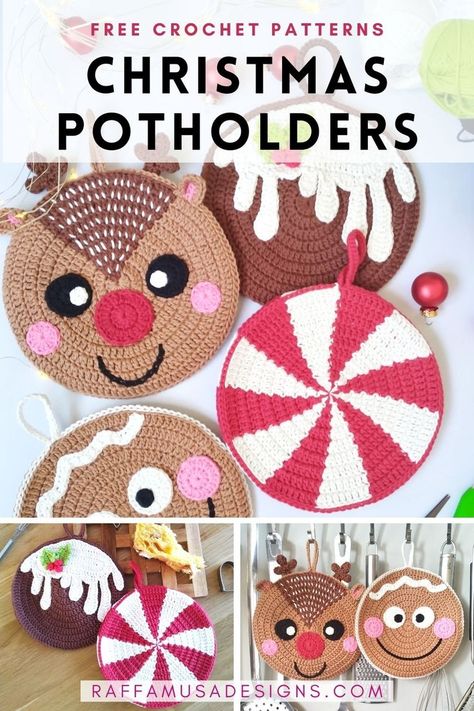 crochet round Christmas potholders representing a peppermint, a reindeer, a gingerbread man cookie, and a Christmas pudding Crochet Christmas Potholders, Crocheted Ornaments, Christmas Potholders, Crochet Pot Holders Free Pattern, Holiday Crochet Patterns, Crochet Potholder, Crochet Potholder Patterns, Crochet Holiday, Christmas Crochet Patterns Free