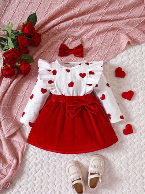 Baby Girl Heart Print Ruffle Trim Bow Front Dress & HeadbandI discovered amazing products on SHEIN.com, come check them out! Heart Dress Outfit, Ruffled Baby Dress, Red Frock, Shein Kids, 2piece Outfits, Shirt Collar Styles, Girl Dress Patterns, Baby Clothes Patterns