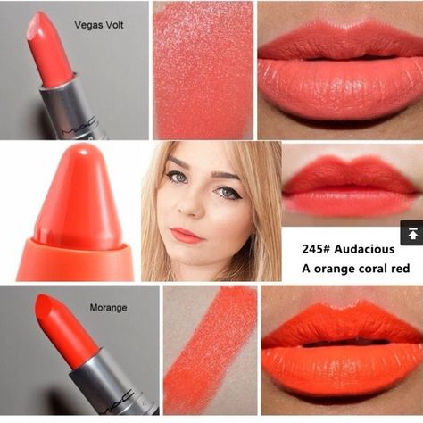 Vegas volt vs. Morange from Mac. | Beautylish Mac Carnivorous Lipstick, Orange Lipstick Makeup, Mac Vegas Volt, Mac Sultry Move Lipstick, Mac Ruby Woo Vs Russian Red, Vegas Volt Mac Lipstick, Mac Vegas Volt Lipstick, Revlon Lipstick, Coral Lipstick