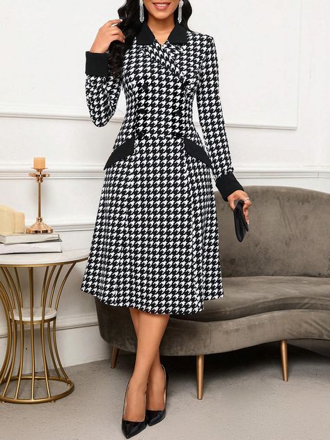 Double Breasted Dress, Work Fits, Office Dresses For Women, Houndstooth Dress, Office Dress, Trending Fashion Outfits, Dress Spring, Trending Fashion, Office Dresses