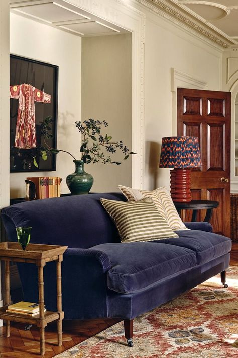 a dark navy blue velvet sofa in a luxurious living room Blue Sofas Living Room, Velvet Sofa Living Room, Navy Sofa, Small Sectional Sofa, Blue Velvet Sofa, Hearth Room, Up House, Sofa Side Table, Velvet Sofa