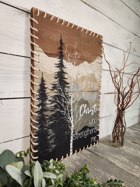 Canvas Painting Decor Ideas, Boho Wooden Signs, Cute Cabin Decor, Mountain Themed Decor, Wood Painted Signs, Rustic Wood Wall Art Diy, Diy Christmas Paintings On Wood, Wood Painting Ideas Acrylic, Painted Signs On Wood Ideas