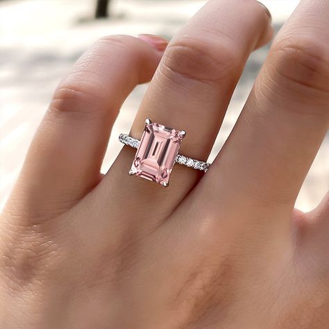 Hidden Halo Emerald Cut Morganite Pink Engagement Ring In Sterling Sil – shine of diamond Pink Diamonds Engagement, Pink Engagement, Pink Engagement Ring, Radiant Cut Engagement Rings, Ring Emerald Cut, Stackable Wedding Bands, Sterling Silver Wedding Band, Engagement Ring For Her, Silver Wedding Bands