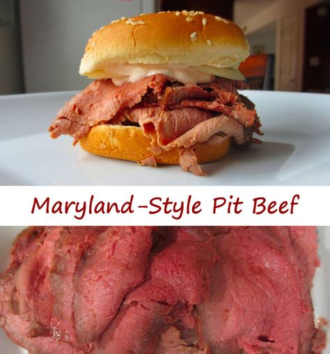 Maryland-Style Pit Beef Pit Beef Recipe, Smoked Roast Beef, Smoked Roast, Pit Beef, Open Pit, Meat Slicers, Beef Recipe, Burgers Sandwiches, Smoker Recipes