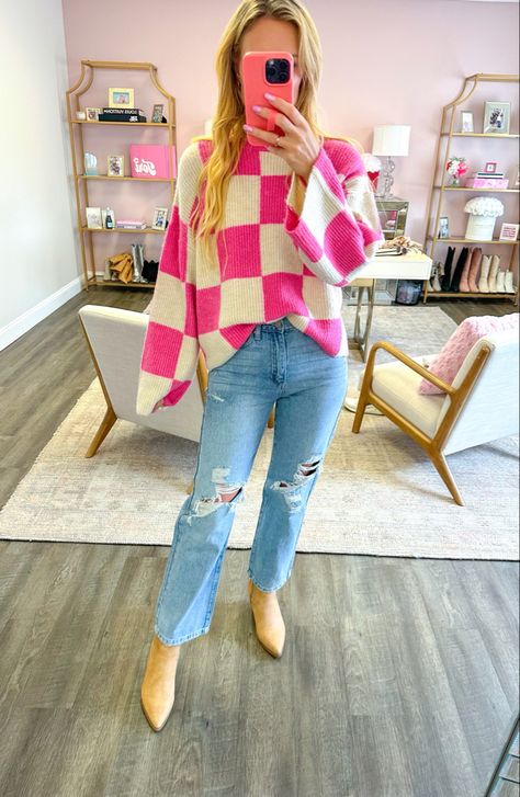 Such a fun and cute sweater for fall. Loving the checkered pattern. #Pinklily #Sweater #Fall #CasualStyle #LTK. Follow my shop @torigerbig on the @shop.LTK app to shop this post and get my exclusive app-only content! #liketkit #LTKstyletip #LTKcurves #LTKunder50 @shop.ltk https://liketk.it/4gomg Checkered Sweater Outfit, Pink Checkered Sweater, Cute Sweaters For Fall, Checkered Sweater, Pink Checkered, Cute Sweater, Pink Lily, Cute Sweaters, Checkered Pattern