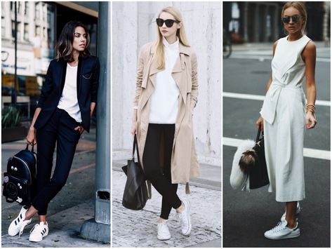 How to Wear Sneakers to Work and Look Professional Sporty Work Outfit, Sporty Work Outfits For Women, Athleisure Outfits For Work, Business Casual Sneakers, Sneakers To Work, Sneakers Outfit Work, Athleisure Outfits Summer, White Sneakers Outfit, How To Wear Sneakers