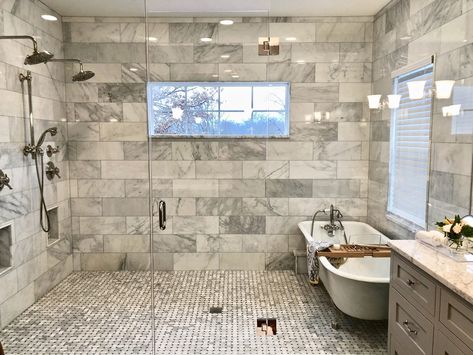 Wet Room With Clawfoot Tub, Copper Soaking Tub, Natural Dining Room, White Tile Backsplash, Custom Dining Tables, 1920s House, Master Shower, Built In Seating, Good Bones