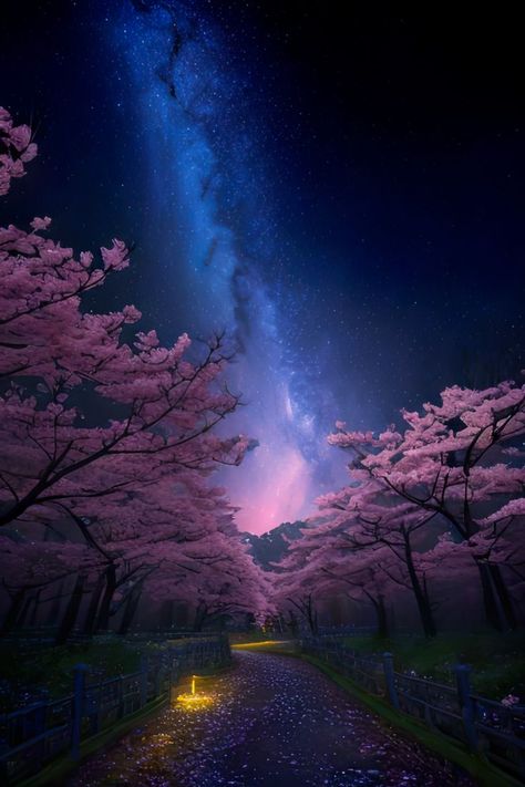 Take a magical journey through a blossoming park with our stunning digital art poster. This captivating masterpiece features a scenic road covered in Sakura petals passing by a beautiful cherry blossom park under a starry sky and a mesmerizing moonlit scenery. Hang it in your bedroom, living room, or office and immerse yourself in the enchanting beauty of Sakura Nights. Order now and let this beautiful poster transport you to a world of wonder and magic. Sakura Petals, Magical Sky, Japanese Blossom, Cherry Blossom Wallpaper, Digital Art Poster, World Of Wonder, Dreamy Landscapes, Sakura Tree, Japanese Landscape