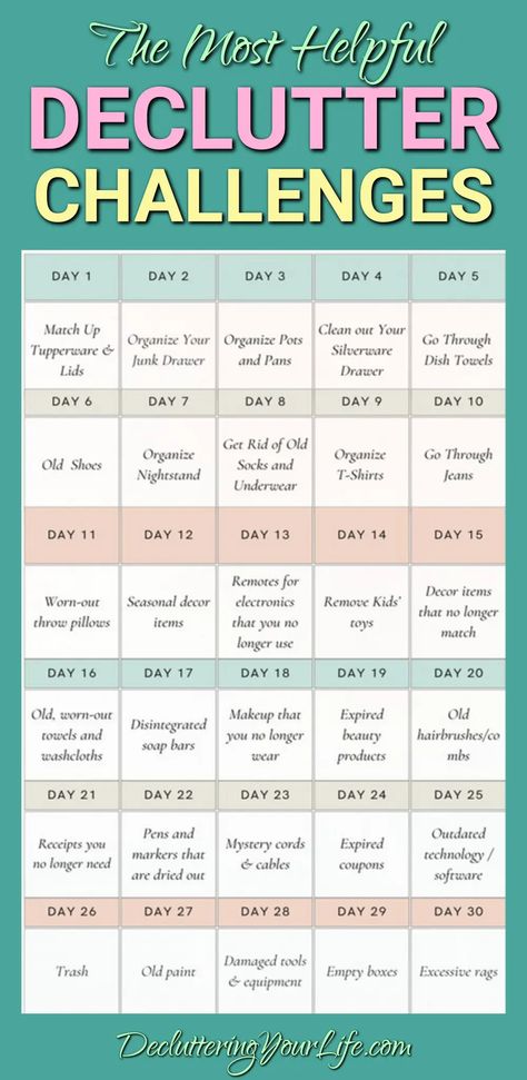 decluttering challenge checklists printable 30-day declutter your home challenge plan from decluttering your life 2024 Declutter, Getting Your Life Together Checklist, Declutter Motivation, Organising Clothes, Clutter Challenge, 30 Day Declutter Challenge, Digital Declutter, Season Painting, Organising Tips