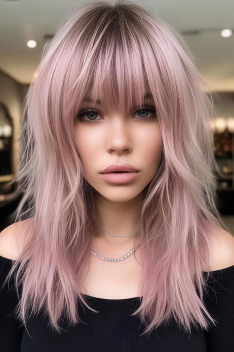 Dusty Rose Shaggy Haircut, Modern Brigitte Bardot Haircut, Brigitte Bardot Layered Haircut Light Rose Gold Hair Blonde, Brigitte Bardot Haircut, Cool Tone Pink Hair, Bardot Haircut, Medium Choppy Hair, Dusty Rose Hair, Straight Haircuts, Shaggy Haircut, Basset Puppies