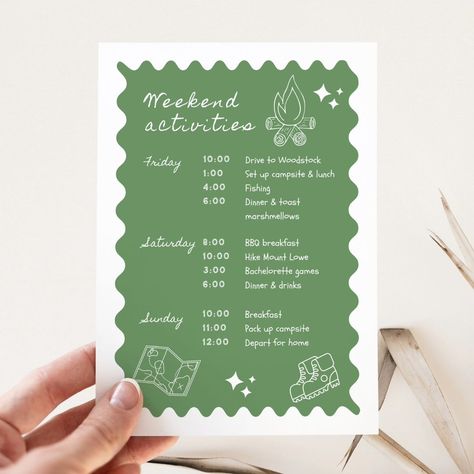 Camp bachelorette has arrived! ⛺️💍 It's her last trail before the veil, so let's start planning with our fun bachelorette weekend itinerary & matching bschelorette party invitation templates. This set is perfect for the adventurous bride to be who enjoys hiking, camping (or glamping!) Fishing and any other outdoor adventures, for her bridal shower. ✅️ Editable templates make your life easier, simply edit the text and colours to your liking, then print or send digitally! Making hens party ... Hiking Bachelorette, Bachelorette Camping, Last Trail Before The Veil, Camp Bachelorette Party, Bachelorette Weekend Itinerary, Bachelorette Weekend Invitations, Hens Party, Weekend Itinerary, Bachelorette Games