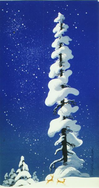 Winter Tree Illustration, Arctic Scenery, Ralph Hulett, Eyvind Earle, Greeting Card Art, Blue Artwork, Snow Art, Snowy Trees, Winter Art