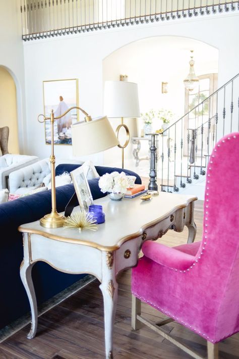 Inspiring Home Offices for Girl Bosses - Amy Howard Social Pink Chairs Living Room, Hot Pink Furniture, Pink Accent Chair, Meja Sofa, Behind Couch, Amy Howard, Living Room Reveal, Pink Furniture, Office Couch