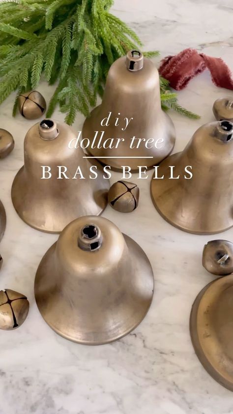 Amelia | Home Decor & DIY | 🌲 Want to make your own “brass” bells? This easy tutorial made the perfect brass Christmas bells for our barn door wreaths. I really... | Instagram Diy Bell Ornaments Christmas, Diy Bells, Christmas Wreaths With Bells, Brass Christmas, How To Make Something, Black Spray Paint, Dollar Tree Christmas, Bell Ornaments, Every Tuesday