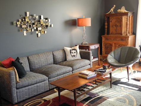 Dark Ash Blue Paint Living Room, Grey Paint Living Room, Blue Grey Living Room, Gray Sofa Living, Brown And Blue Living Room, Grey Walls Living Room, Gray Living Room Design, Grey Sofa Living Room, Brown Couch Living Room