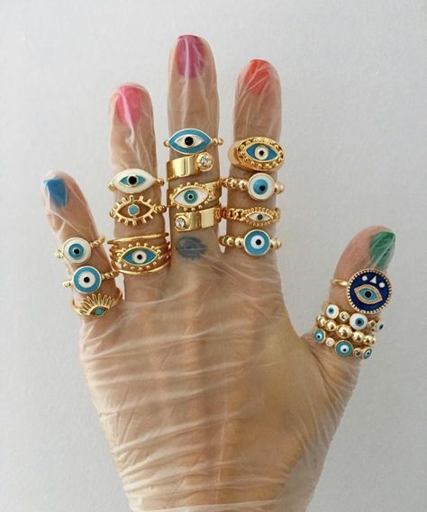 Jewellery Evil Eye, Eye Rings Aesthetic, Evil Eye Jewelry Rings, Metal Evil Eye Jewelry, Evil Eye Fashion, Blue Evil Eye Ring Jewelry, Evil Eye Rings, Eye Rings, Jewelry Evil Eye