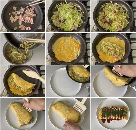 Step-by-step photo of making Pork and Cabbage Omelette (Tonpeiyaki). Japanese Cabbage Pancake Recipe, Korean Cabbage Pancake Recipe, Cabbage Omelette, Vegan Okonomiyaki Recipe, Okonomiyaki Vegetarian, Pork Tonkatsu, Cabbage Pancakes Okonomiyaki Sauce, Deep Fried Tofu, Tonkatsu Sauce