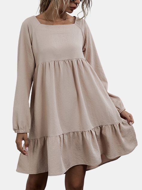 Bow Tie Dress, Long Sleeve Casual Dress, Square Neck Dress, Ruffle Long Sleeve, Bishop Sleeve, Dress For Short Women, Loose Dress, Types Of Skirts, Long Sleeve Casual