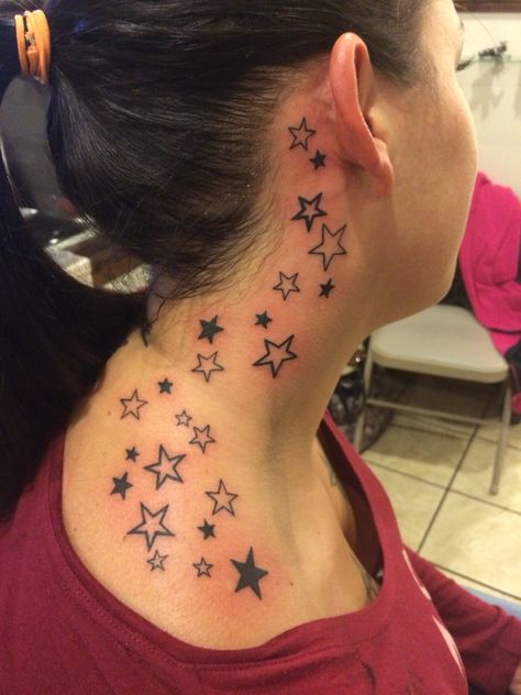 Star tattoo lots of stars Stars On Neck Tattoo For Women, Star Tattoos For Women On Neck, Star Idea Tattoo, Stars On Ribs Tattoo, Star Tattoo On Thigh, Fallen Star Tattoo, Star Tattoos Chest, Star Neck Tattoos, Stars Behind Ear Tattoo