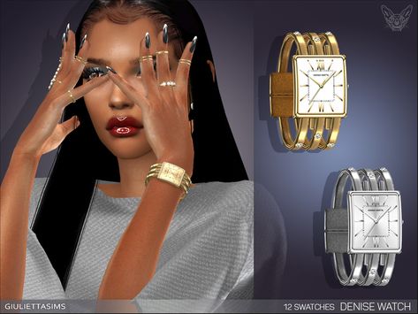 Sims 4 — Denise Watch by feyona — This luxurious watch comes in 4 metal colors: yellow, white, rose and black and 3 types Emerald Cut Stud Earrings, Luxurious Watch, Mod Hair, Sims 4 Studio, The Sims 4 Packs, Double Piercing, David Sims, Sims 4 Game Mods, Bracelet Pack