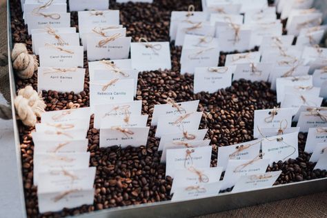 Coffee beans in tray to hold name cards. Wedding seating chart name cards. Coffee Wedding Seating Chart, Name Cards Wedding, Party Seating, Work Work Work, Chart Ideas, Coffee Tray, Coffee Wedding, Seating Cards, Coffee Staining