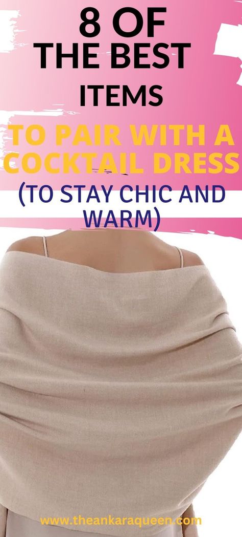 Cropped image of the back of a woman wearing a beige shawl across her shoulders. Cocktail Dress In Winter, Winter Cocktail Attire, Dress With Jacket Outfit, Cocktail Dress Attire, Kimono With Jeans, Cocktail Dress Winter, Cocktail Dresses With Jackets, Cocktail Party Attire, Dress In Winter