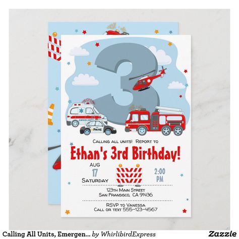 Calling All Units, Emergency Squad Invitation Ambulance Party Ideas, Calling All Units Birthday Party, Ambulance Themed Birthday Party, Ambulance Themed Party, Emergency Vehicle Birthday Party Games, Ambulance Party, Emergency Vehicle Birthday Party, 3rd Birthday Party For Boy, Police Party