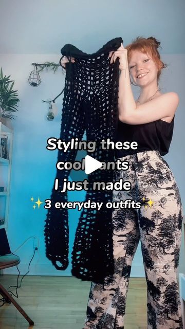 Irie 🧚🏻‍♀️ on Instagram: "Everyday outfits with crochet pants 🧚‍♀️  Throwback to the first crochet video I ever made ! I'm so proud of these mesh crochet pants but I did not plan that the yarn would stretch so much & they became HUGE 🧶  I followed a tutorial from @hookercorner for these !  #crochet #crochetoutfit #crochetpants #crochetideas" Crochet Mesh Pants Pattern, Crochet Harem Pants, Crochet Mesh Pants, Crochet Pants Outfit, Mesh Pants Outfit, Black Crochet Pants, Crochet Pants Pattern, Pants Tutorial, First Crochet