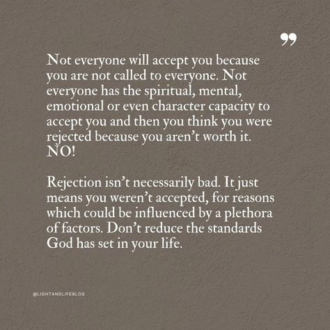 Rejection isn't necessarily bad, it just means that you weren't accepted for reasons which could be influenced by factors you may not be able to fathom. Even Jesus was rejected. So you can't tie your self worth to how much people accept you. You're more than that!✨️ #salvation #godislove #holybible #jesusislord #godsword #quotes #spirituality #wordofgod #thankyoujesus #godisgood #jesusloves #fyp #cometojesus #christianliving #christian #quotes #christianquotes #authorsofinstagram #explore ... Spirit Of Rejection, Misunderstood Quotes, Talking Behind Your Back, Quotes Spirituality, Study Scripture, Thank You Jesus, Jesus Is Lord, Self Worth, Jesus Loves Me