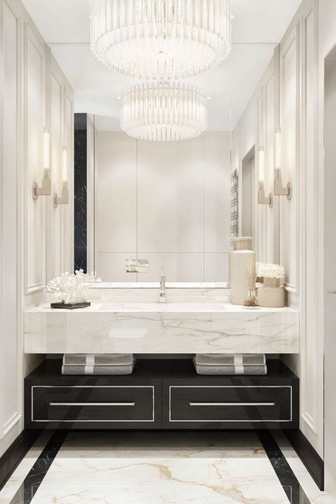 When it comes to bathroom decor, we can present several options such as glamourous, simple, or colorful decor. There are many tricks to convert a typical bathroom into a luxury ambiance, like following the main trends. After all, interior design trends defined brass finishes, marbelized wallpapers, black tubs, and framed mirrors as big hits. Get to know some fabulous bathroom ideas. #bathroomdecor #bathroomideas #interiordesign #homedecor Neo Classical Bathroom, Big Bathroom Design, Classical Bathroom, Toilet Design Modern, Bathroom Decor Pictures, Classic Bathroom Design, Bathrooms Design, Luxxu Modern Design Living, Luxury Master Bathrooms