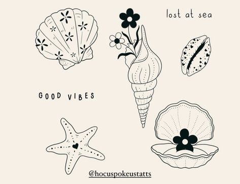 Earthy Feminine Tattoos, Sea Patchwork Tattoo, Matching Sea Creature Tattoos, Beach Flash Tattoo, Tiny Sea Life Tattoo, Coastal Cowgirl Tattoo Ideas, Fineline Back Tattoo Women, Fine Line Sea Shell Tattoo, Summer Flash Tattoo