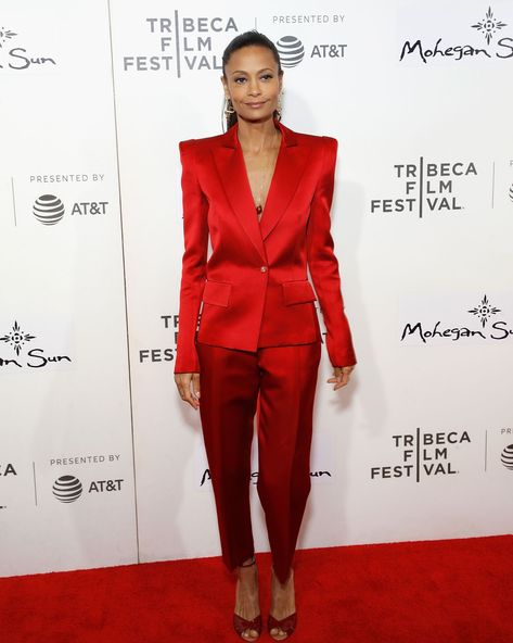 Thandie Newton, Women In Film, Satin Suit, Ellie Saab, Carpet Trends, Tribeca Film Festival, Helen Mirren, Woman Suit Fashion, Red Suit