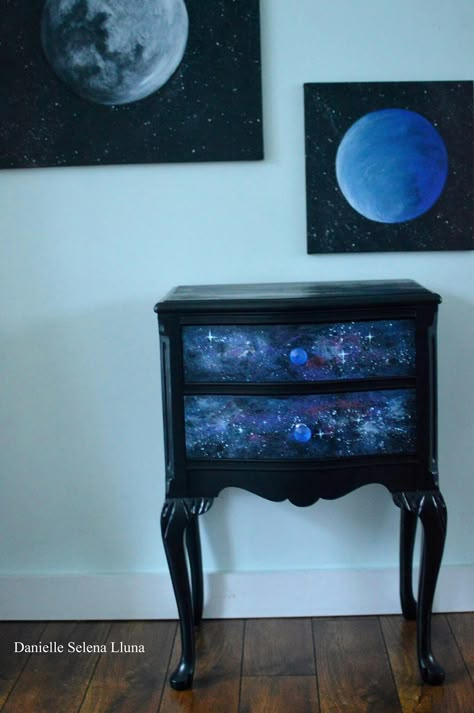 Moon Painted Furniture, Dragon Painted Furniture, Pour Painting Furniture, Witchy Painted Furniture, Celestial Furniture, Painted Desks Ideas, Alien Furniture, Galaxy Furniture, Upcycled Furniture Before And After