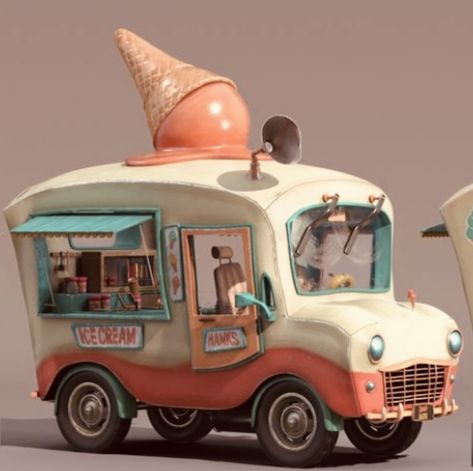 Ice Cream Truck Tattoo, Cute Ice Cream Truck, Ice Cream Truck Concept Art, Retro Ice Cream Truck, Ice Cream Van Illustration, Truck Tattoo, Mobile Food Trucks, Props Concept, Ice Cream Truck