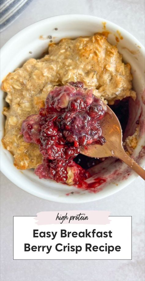 Start your day with a healthy berry crisp breakfast that's perfect as a single serving berry crisp. Enjoy this sweet breakfast or snack option with no added sugar. This breakfast berry crisp is packed with protein, fiber, and oatmeal, using mixed berries for a delicious berry crisp! Healthy Berry Crisp, Breakfast Crumble, Berry Crisp, Berry Breakfast, Single Serving, Mixed Berries, High Fiber, Sweet Breakfast, High Protein