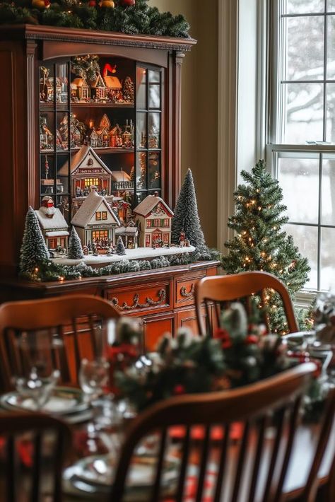 Snow Village Display Ideas, Snow Village Display, Vintage Christmas Decor Ideas, Vintage Christmas Tree Skirt, Christmas Shelf, Christmas Music Box, Nostalgic Christmas, Shelf Decoration, Christmas Dining Room