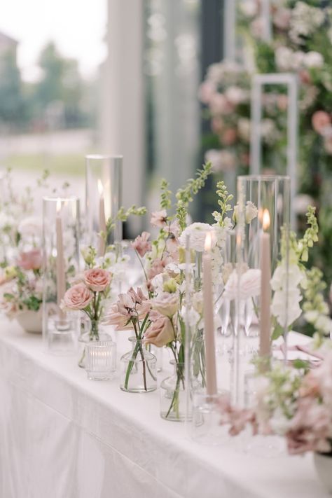 Pastel Candles, Bud Vases Wedding, Dusty Pink Weddings, Pink Wedding Decorations, Pink And White Weddings, Light Pink Wedding, Deco Champetre, Pink Wedding Theme, Dusty Rose Wedding