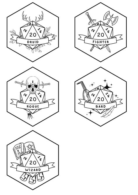 Dnd Tatoos Dice, Dungeons And Dragons Class Symbols, D20 Line Art, D&d Symbols, D&d Class Symbols, Simple Dnd Tattoo, Dice Tattoo Dnd, Dnd Matching Tattoos, Dnd Tatoos Ideas