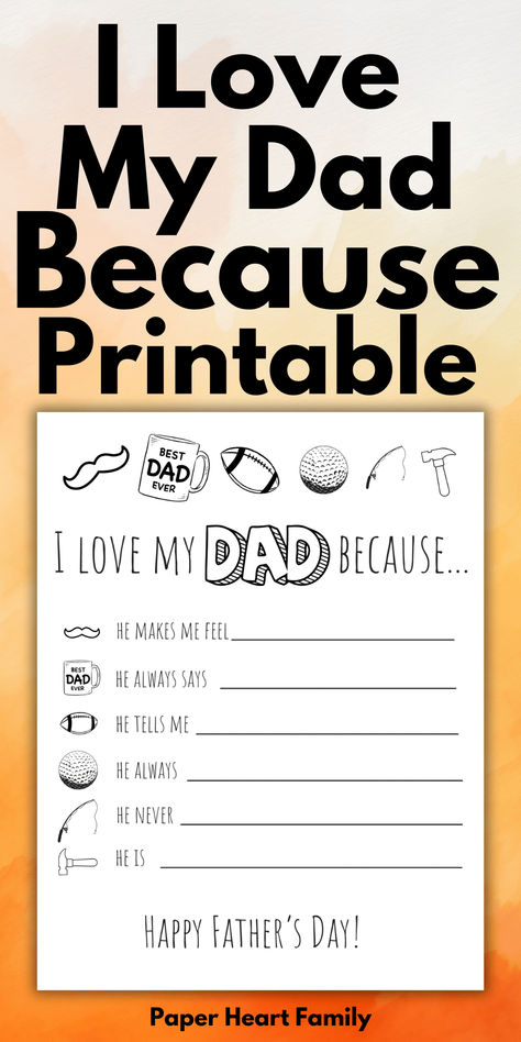 This free Father's Day printable for kids has such fun prompts! Let dad know all the reasons that his kids love him with these I love my dad because prompts. I Love My Dad Because, Father Day Printables Free, Free Father’s Day Printables For Kids, All About My Dad Free Printable, Free Fathers Day Printables, Fun Prompts, Father's Day Games, Handmade Father's Day Gifts, Dad Printable