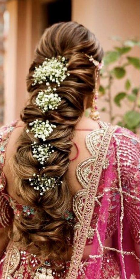 Braid Hairstyles With Flowers Indian, Hair Styles With Flowers Indian, Floral Braided Hairstyles, Occasional Hairstyles, Shaadi Hairstyles, Hairstyle For Engagement, Braids Waterfall, Floral Braid, Engagement Hairstyle