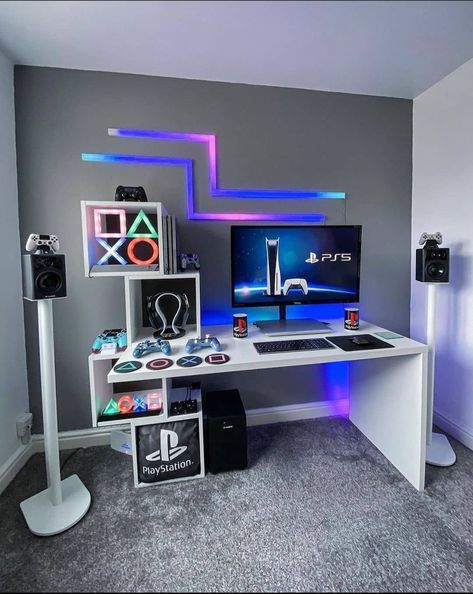 Led Game Room Ideas, Sala Gamer, Playstation Room, Gaming Bedroom Ideas, Boys Game Room, Gaming Bedroom, Gamer Bedroom, Small Game Rooms, Retro Games Room