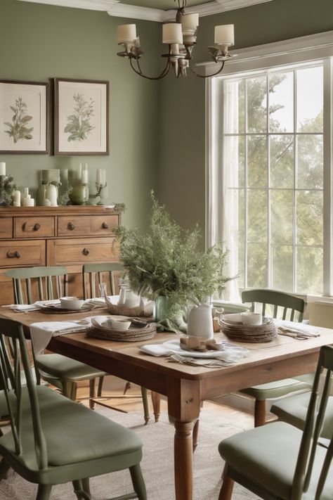 Rustic dining room with a wooden table set for a meal, green chairs, large window, and candlelit chandelier. Cozy Dining Room Lighting, Olive Green Accent Wall Dining Room, Sage Green Breakfast Nook, European Cottage Dining Room, Green Farmhouse Dining Room, Two Toned Dining Room, Dining Table Color Ideas, Dining Room Table Colors, Small Formal Dining Room Ideas