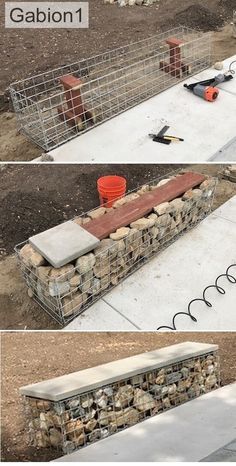 gabion-seat-construction Backyard Furniture Diy, Gabion Stone, Furniture Construction, Gabion Baskets, Outdoor Baths, Gabion Wall, Interior Decoration Accessories, Backyard Ideas On A Budget, Stone Fire Pit