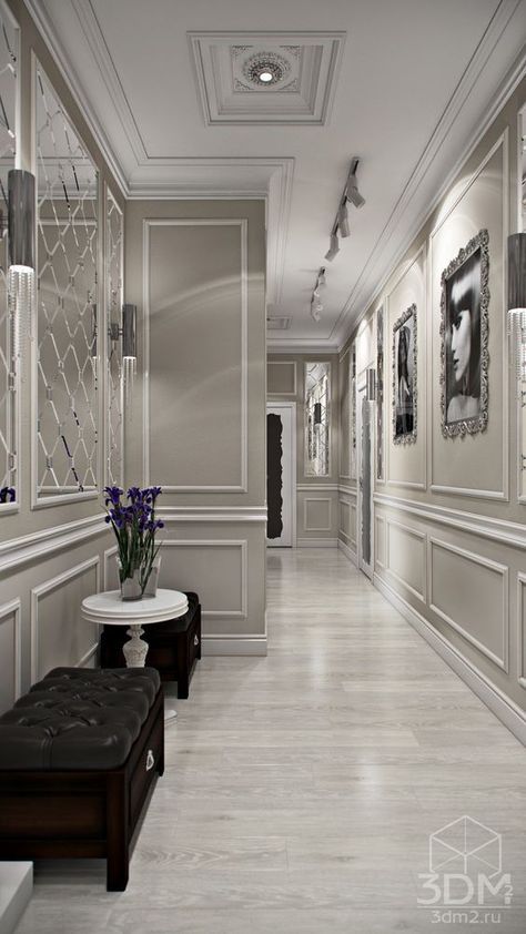 Luxury Hallway With Wainscoting Vstupná Hala, Dining Room Wainscoting, Hallway Designs, Long Hallway, Beauty Salon Interior, Design Salon, Wooden Floors, Salon Interior Design, 아파트 인테리어