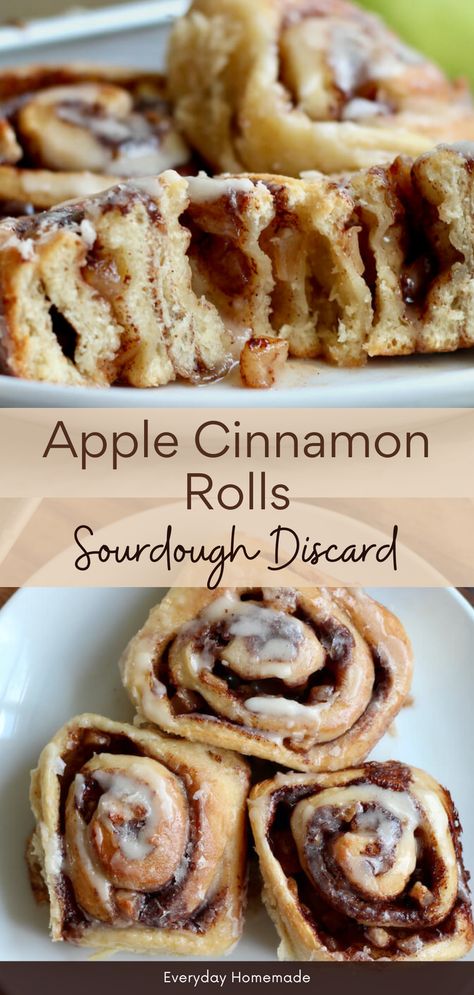 Indulge in these Sourdough Discard Apple Cinnamon Rolls, a cozy fall breakfast or dessert! This recipe uses sourdough starter discard with no yeast, making it easy and delicious. Filled with sweet sautéed apples and cinnamon, these rolls are perfect for capturing the flavors of the season. Caramel Apple Sourdough Cinnamon Rolls, Sourdough Discard Apple Pie, Sourdough Apple Cider Cinnamon Rolls, Apple Sourdough Cinnamon Rolls, Cinnamon Rolls With Sourdough Discard, Sough Dough Starter Recipes, Cinnamon Sugar Sourdough Foccacia Recipe, Recipes That Use Sourdough Starter, The Feathered Nester Sourdough