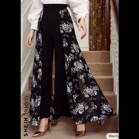 Black Slacks With Flowy Floral Print Mesh On Each Side. Size 6. Length 40.9 Inches. Waist Size 28.7 Inches. Hip Size 39 Inches. Thigh 24.5 Inches. Never Worn. Flare Pants Outfits, Womens Palazzo Pants, Party Pattern, Floral Type, Printed Wide Leg Pants, Style Party, Flare Leg Pants, Fashion Design Clothes, Waist Length