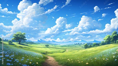 meadow with a sky full of clouds, anime style Landscape Desktop Wallpaper, Anime Clouds, Sky Full Of Clouds, Ipad Customization, Grass Png, Anime Landscape, Green Screen Photo, Learn Animation, Pc Wallpapers