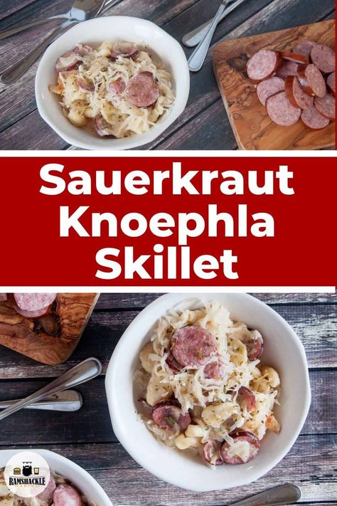 Sauerkraut and Sausage Knoephla Dumpling Skillet dish! This a classic comfort dish that has a lot of German flavors in one simple and tasty dish. #germanfood #dumplings #knopfle German Dumplings, Sauerkraut And Sausage, Sausage Sauerkraut, Traditional German Food, Sausage Skillet, Hotdish Recipes, Cabbage And Sausage, Homemade Dumplings, Skillet Dishes